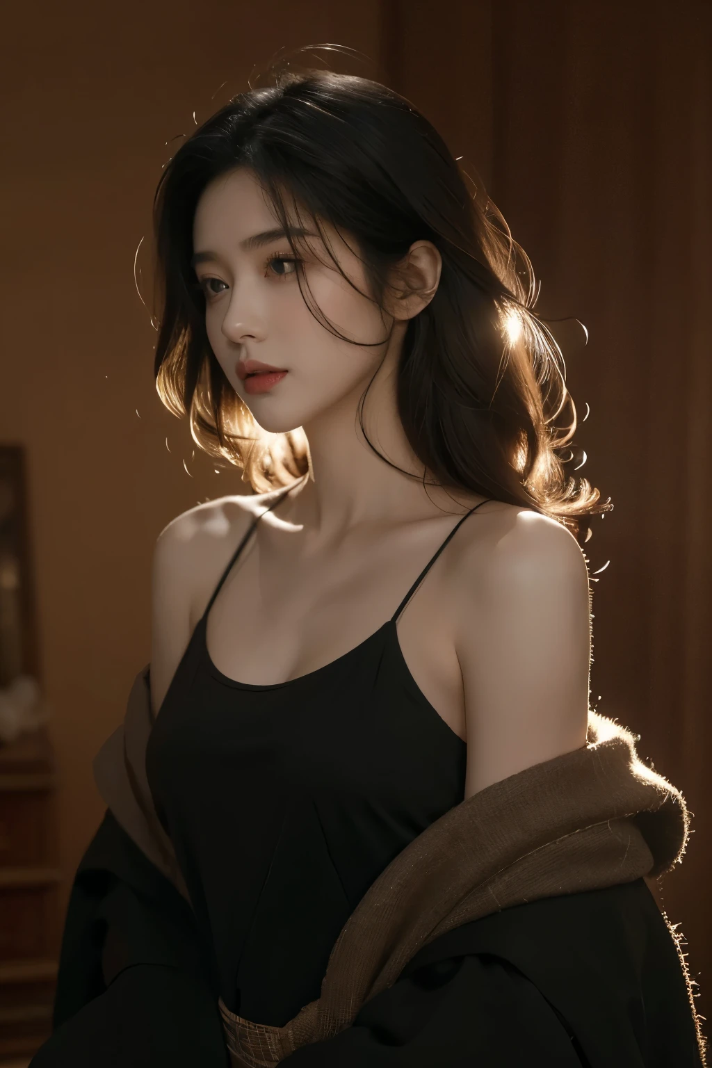 Best quality, masterpiece, Ultra-high resolution, (realistically:1.5), RAW photos, Lovely, in the dark night, depth shadow, Low Tone, Cold Light, Sexy look,Shoulder length straight bob hair,Slim