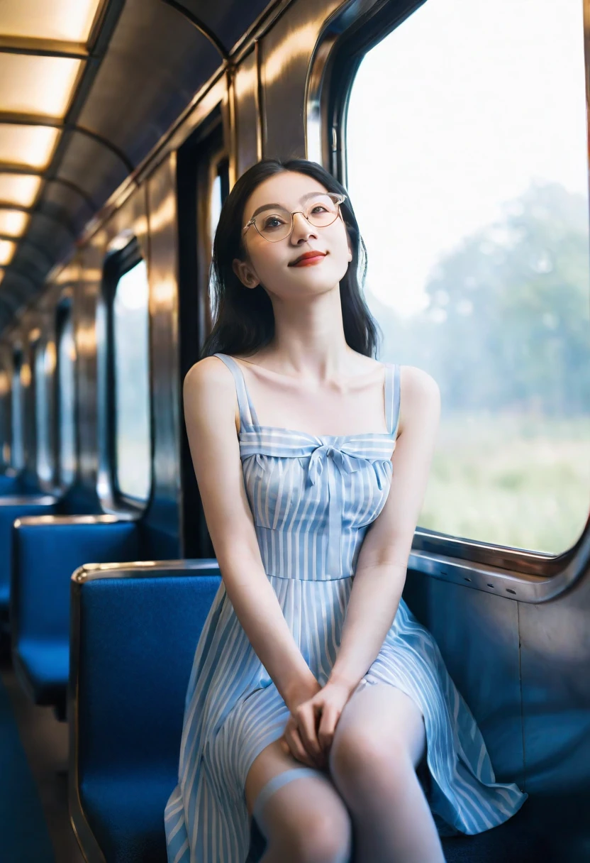 (Best quality, Ultra detailed, Golden ratio, Masterpiece:1.2), Theatrical lighting:0.7, Photo of a woman, dressed in a very elegant and pretty dress, Perfect rare face, realistic, deep blue eyes (Highly detailed skin), long black straight hair, skin texture, Pale skin, shiny skin, (thin, large size:1.5), [:(Sharp focus on rare face, perfect eyes:1.5):0.2], photorealistic, film grain, Put one foot forward, from below looking up, look at camera, Emphasize the shoulders, Focus on face, Stockings, glasses, Smile with corners of mouth raised, disdainful expression, summer haze, muted colors, muted warm colors, Photo cinematic portrait of a woman dressed in a striped light blue dress sitting by the window in the early morning, cinematic, (tilted:1.3) (on an old train) look cautious, standing under a spotlight, volumetric dust clouds, key light, backlight, soft natural lighting, photography Film grain ISO 600 30 mm lens RAW f1.8 aperture, highly detailed (analog photography:1), colors hdr