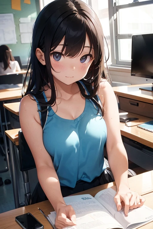 A high school student studying at a desk in a tank top