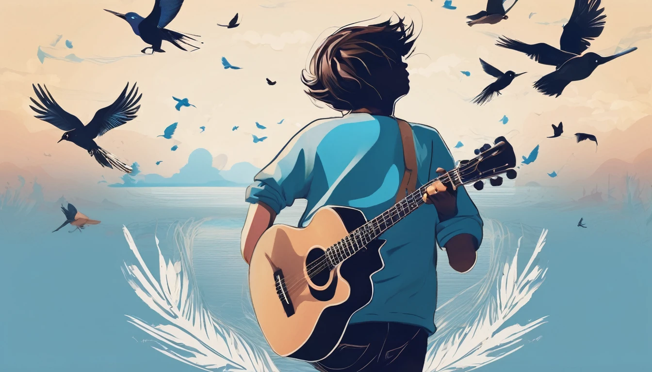 Create a professional, fantastic, cinematic Youtube Banner for a brand about music and stories called " Penamemoria". Masterpiece, 4k, sharp focus, highest quality,wide shot. The title is " Penamemoria". Is a brand about the creative, unique journey of a boy into becoming a musician storyteller. In his journey he finds inspiration in a world of birds and feathers. Minimalistic, simple, poetic, dreamy logotype and white icon at the center of the image. The Background image is a world full of fantastic feathers, unique birds, light blue sky, and a boy running happily into the horizon with an acoustic guitar in his right hand. Boy running against the wind, almost simulating like he is flying