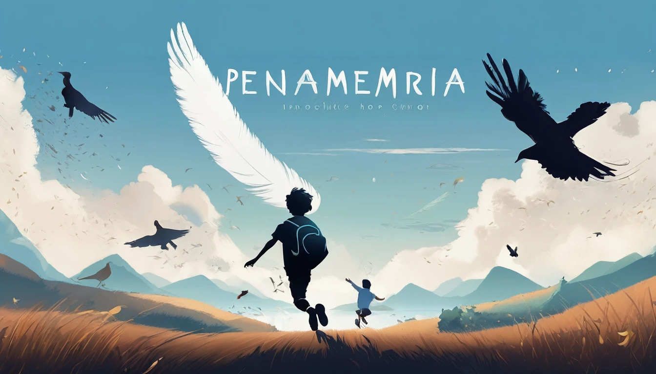 Create a professional, fantastic, cinematic Youtube Banner for a brand about music and stories called " Penamemoria". Masterpiece, 4k, sharp focus, highest quality,wide shot. The title is " Penamemoria". Is a brand about the creative, unique journey of a boy into becoming a musician storyteller. In his journey he finds inspiration in a world of birds and feathers. Minimalistic, simple, poetic, dreamy logotype  and white icon at the center of the image. The Background image is a world full of fantastic feathers, unique birds, light blue sky, and a boy running happily into the horizon with an acoustic guitar in his right hand. Boy running against the wind, almost simulating like he is flying