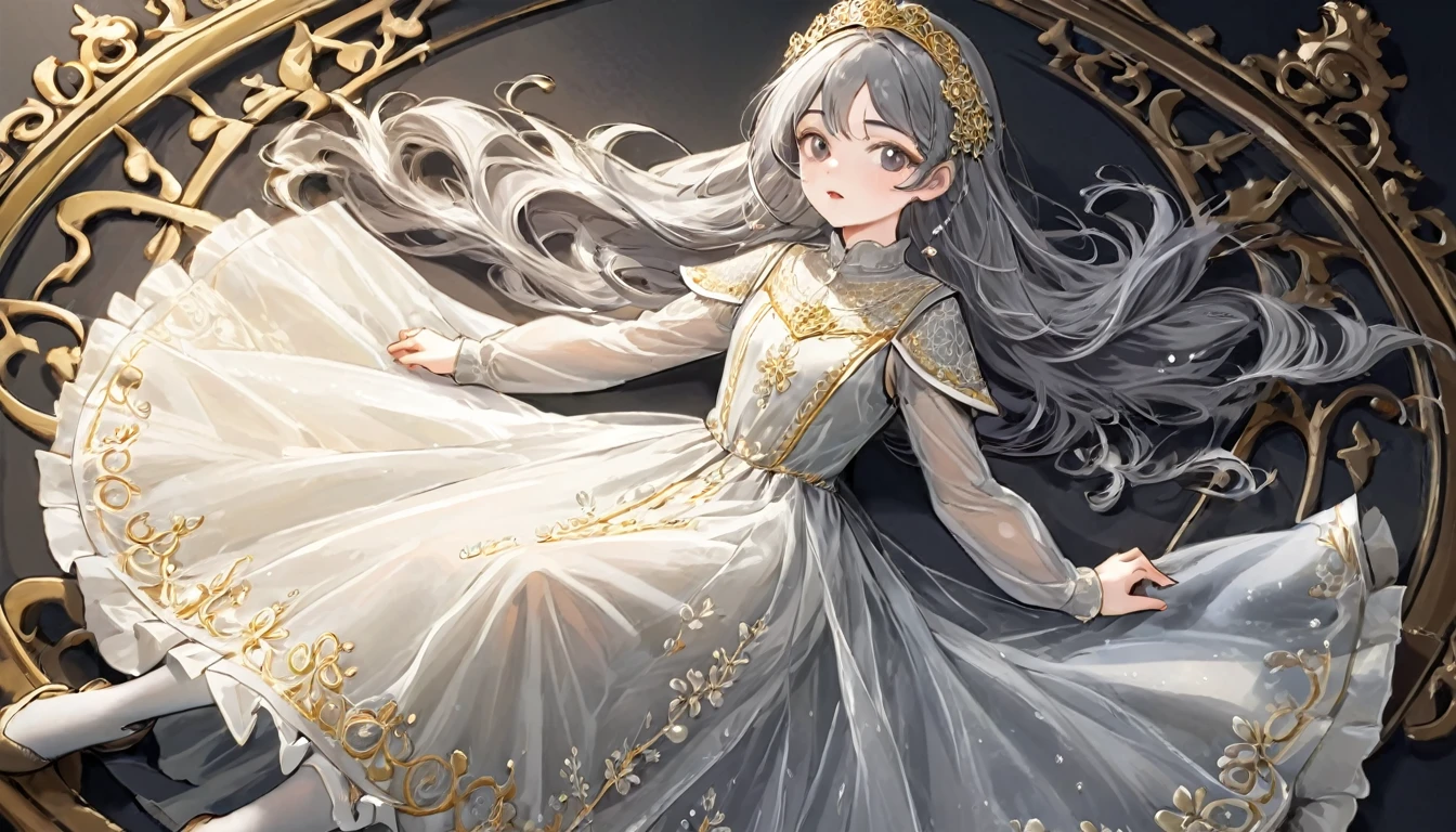 girl, Gold and silver embroidery, White-gray pearl medieval long dress(With panniers), Translucent fabric, Pull up the dress by hand, Strong winds, Translucent slip, Grey translucent tights, Peeking from below, Highest quality, Disorder of clothing, sit