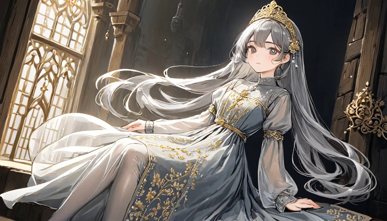 girl, Gold and silver embroidery, White-gray pearl medieval long dress(With panniers), Translucent fabric, Pull up the dress by hand, Strong winds, Translucent slip, Grey translucent tights, Peeking from below, Highest quality, Disorder of clothing, sit
