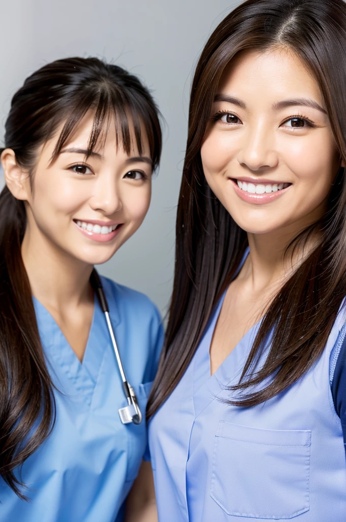 Dental hygienist, only two women Side by side, smiling, wearing brown medical scrubs Brown, short sleeves, cute, Japanese, black hair, 20s Upper body close-up high resolution Highest quality