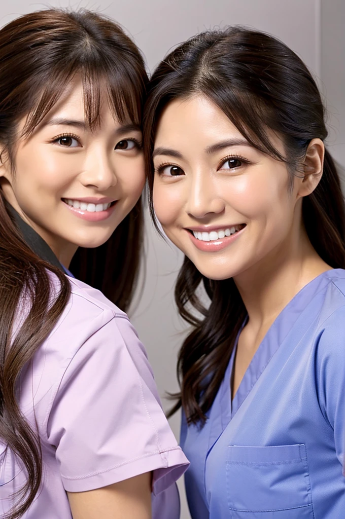Dental hygienist, only two women Side by side, smiling, wearing brown medical scrubs Brown, short sleeves, cute, Japanese, black hair, 20s Upper body close-up high resolution Highest quality