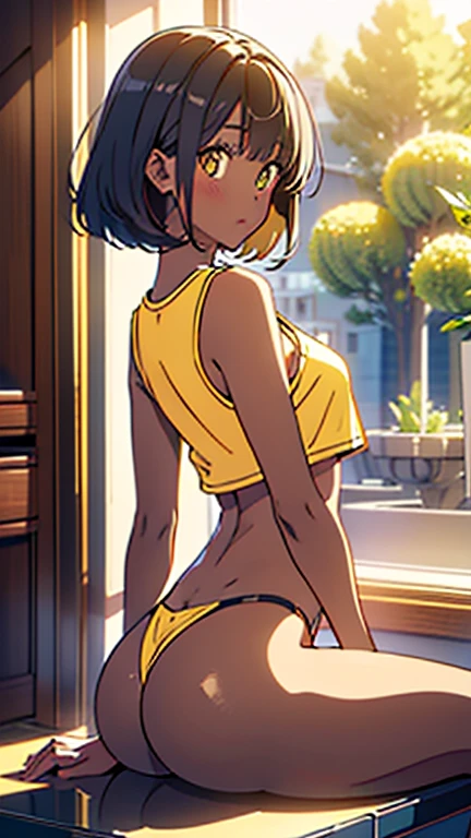 masterpiece, best quality, dark skin, short hair, yellow eyes, black hair, beautiful girl, thin, full body, tall girl, ((kawaii)), ((cute)), plan boobs, short , small , ((short chest)), ((big butt)), ((wide thigh)), sitting with a cat in hand, front view