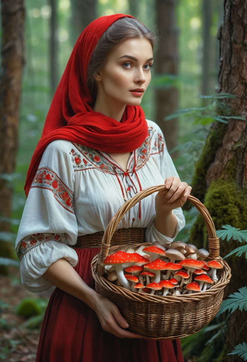 Araphic woman in a red scarf holding a basket of mushrooms, Slavic folk tale, Russian folk tale, traditional russia, Slavic mythology, Beautiful image, 8K))), in a bizarre fairy tale forest, Yaroslava Korol, mushrooms grow from the body, Cottage centre, by Oleg Oprisko, inspired by Viktor Vasnetsov