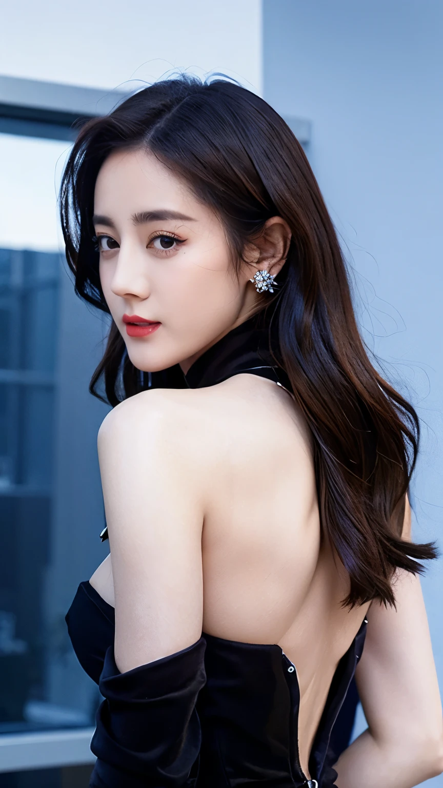 Ultra HD resolution，artistic photos，Photography，21year girl,earrings,long hair,Black background,Black backless dress,necklace,cowboy shot,H cup，Showing cleavage，Expose more breasts，Amazing breast size，Erect nipples，Expose the areola，Bigger breasts，Smooth and beautiful back，Completely bare back，Cold white skin，Big buttocks，White tulle dress，Messy hair，Windblown hair，Translucent clothing，Ruddy face，More transparent clothes