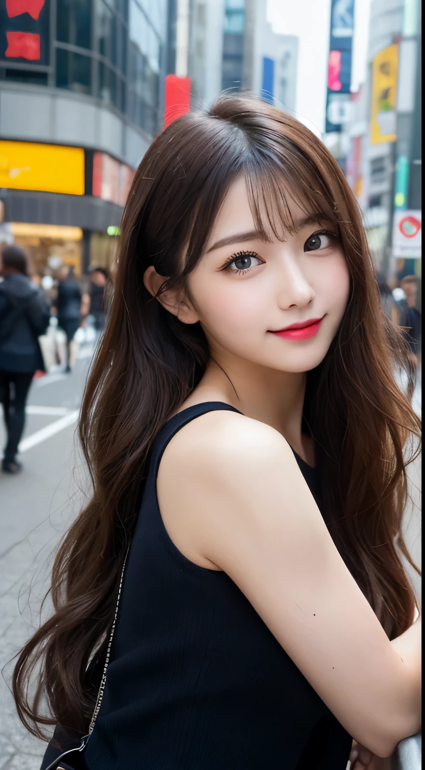 Tabletop, Highest quality, shape, Very detailed, finely, High resolution, 8k wallpaper, 完璧なダイナミックな構shape, Beautiful and exquisite,ランダムなcute髪,,Natural color lip, Bold sexy pose,smile、20-year-old girl、cute、Looking into the camera,Always blur the background,Perfect and beautiful face,Slim face and figure,Big eyes、Putting on gal makeup,Small face,smile,Blurred Background,Elegant feminine face、Cyberpunk Fashion、Fun in Shibuya、Disheveled Hair、Change pose randomly、Randomly change the shooting angle and position、Summer fashion for women、Disheveled Hair、Harajuku、Cool pose