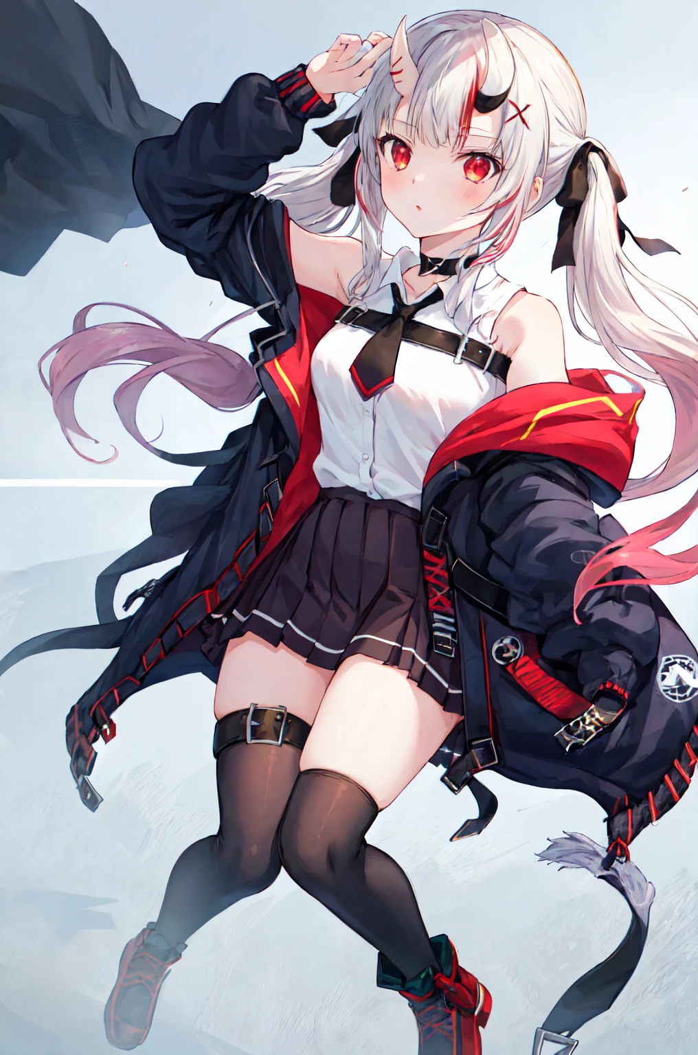 masterpiece, Highest quality, Absurd, Perfect Anatomy, One girl, alone, Nakiri Ayame, long hair, twintails, AyameCasual, white shirt, sleeveless shirt, black necktie, black skirt, pleated skirt, hair ribbon, x hair ornament, black thighhighs, thigh strap, black jacket, open jacket, off shoulder, black choker