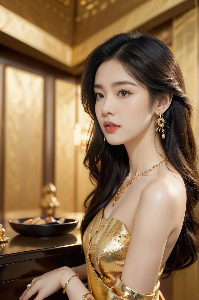 ((((8k))),((Extremely meticulous CG)) ,(wallpaper),16k,((Extremely refined and beautiful)),(((Masterpiece))),(((best qualtiy))),(((Ultra High Resolution))),beautiful light up,Perfect lightning,realistic shaded,(Smooth and flawless skin:1.5),(Extremely exquisite facial details:1.2),(perfect body:1.2),(ultra-detailed),((A beautiful girl,solo)),(small head:1.2),(pale skin:1.3),(medium straight hair:1.2),(small face:1.2),(baby face:1.3),(Exquisite makeup:1.2),(small breasts:1.2),(flat chest:1.3),((slim,thin)),(laughing:1.2),(gold earrings:1.3),(gold necklace:1.3),(gorgeous black Thai dress:1.5),(pantyhose:1.3),(indoor:1.3),(summer:1.3),(detailed background:1.5),(standing:1.3),(arms behind back:1.2),(upper body:1.3),(from front:1.3),(day scene:1.5),(In a luxurious jewelry store:1.5),(bright and vivid colors:1.3),(The showcase is piled with jewelries:1.3),
