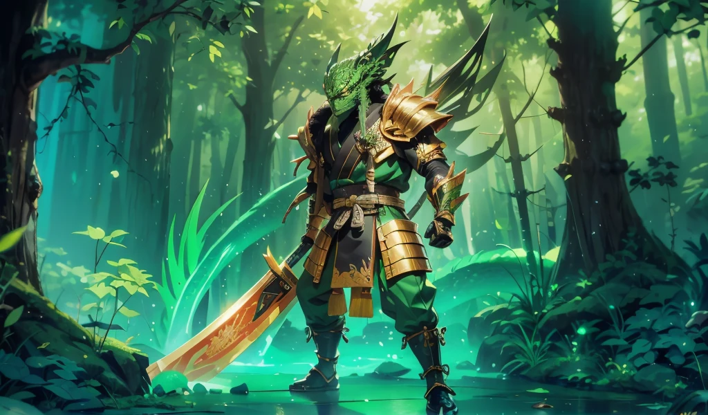 whole body,Green Lizard Man,Green Skin,Scale covering,Golden samurai armor,Japanese Samurai Style,Alligator head,Black long beard,Black long eyebrows