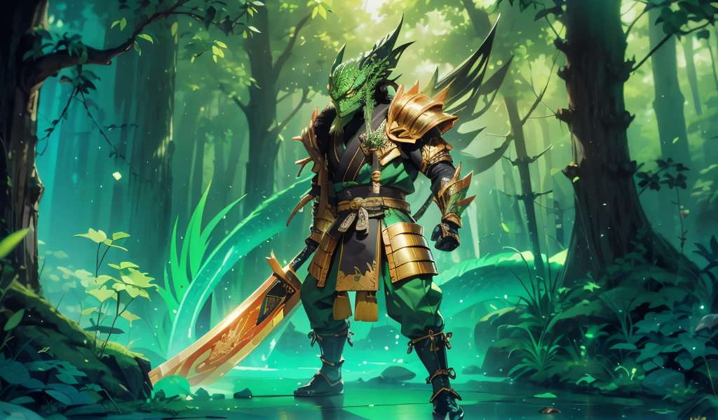 whole body，Green Lizard Man，Green Skin，Scale covering，Golden samurai armor，Japanese Samurai Style，Alligator head，Black long beard，Black long eyebrows