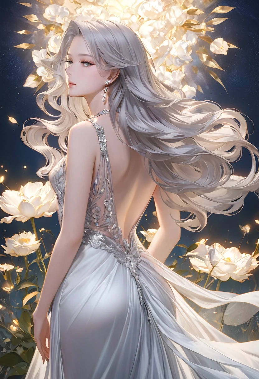 
       ( Perfect anatomical structure ) A girl in a white evening dress looks back with flowers on her silver hair, Elegant long silk evening gown with(Glossy),

               White long hem evening dress, Elegant silk evening gown, Ethereal Beauty,  Stunning young figure. Beautiful ethereal fantasy. Exquisite rendering. Elegant beautiful girl. Brilliant and gorgeous effects. Extreme body proportions. Delicate and dynamic. Realistic. Ultra-detailed digital art style. 