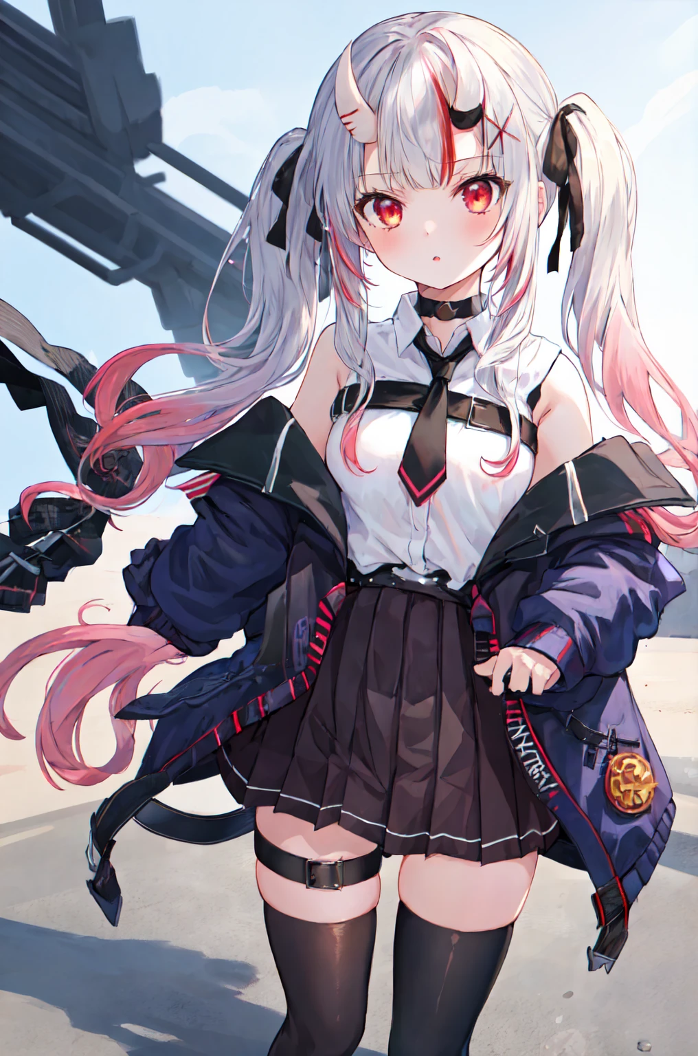 masterpiece, Highest quality, Absurd, Perfect Anatomy, One girl, alone, Nakiri Ayame, long hair, twintails, AyameCasual, white shirt, sleeveless shirt, black necktie, black skirt, pleated skirt, hair ribbon, x hair ornament, black thighhighs, thigh strap, black jacket, open jacket, off shoulder, black choker
