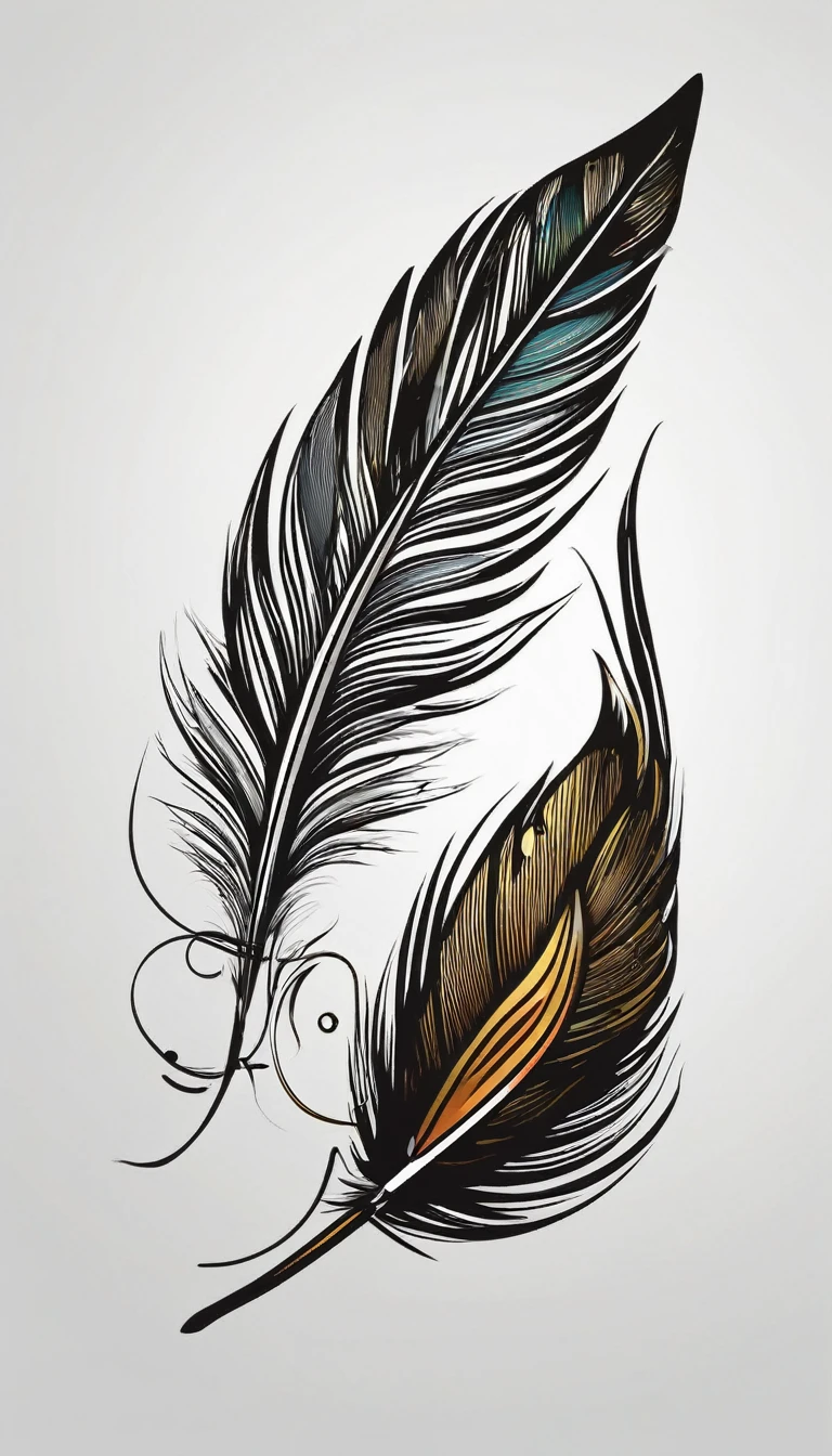 Create a logo design of a special, unique, poetic, minimalistic feather that represents a special creative brand called " Penamemoria". The brand is created by an artist called Rafael Figueiras. The logo must convey the sense of storytelling and music. Must include a boy, one acoustic guitar, a feather and a fantastic bird. Logo design and icon design present and impressed on a white t-shirt.