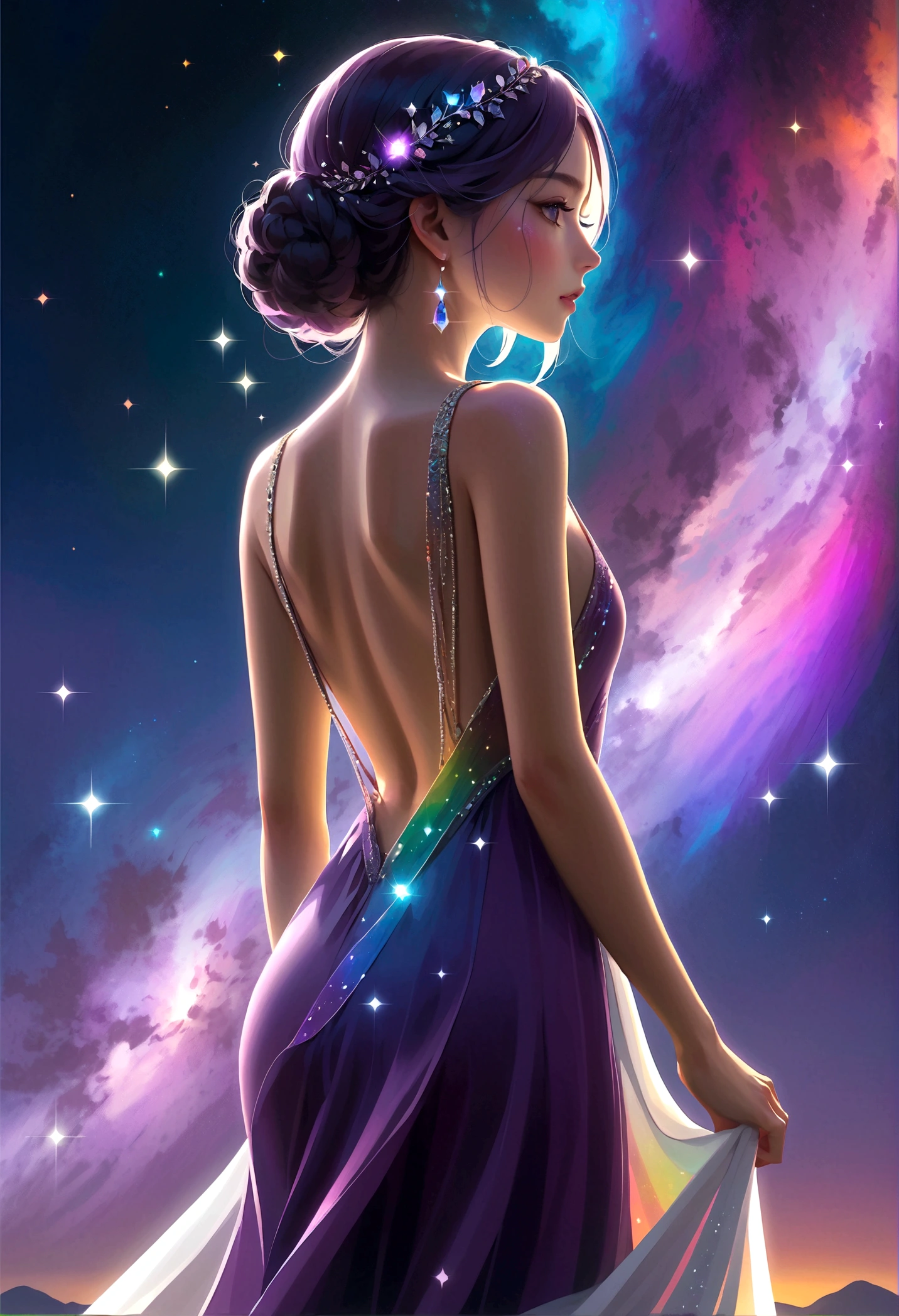 masterpiece, Cute girl, Break, Purple evening dress, High detail face, (Back View), whole body, glare, Rainbow Colors, Global Illumination, Soft Light, Light of Dreams, number, 8K Close-up, fantasy, Night Sky, Star, nebula, White crystal, moonlight, peaceful, summer, (8K:1.1)