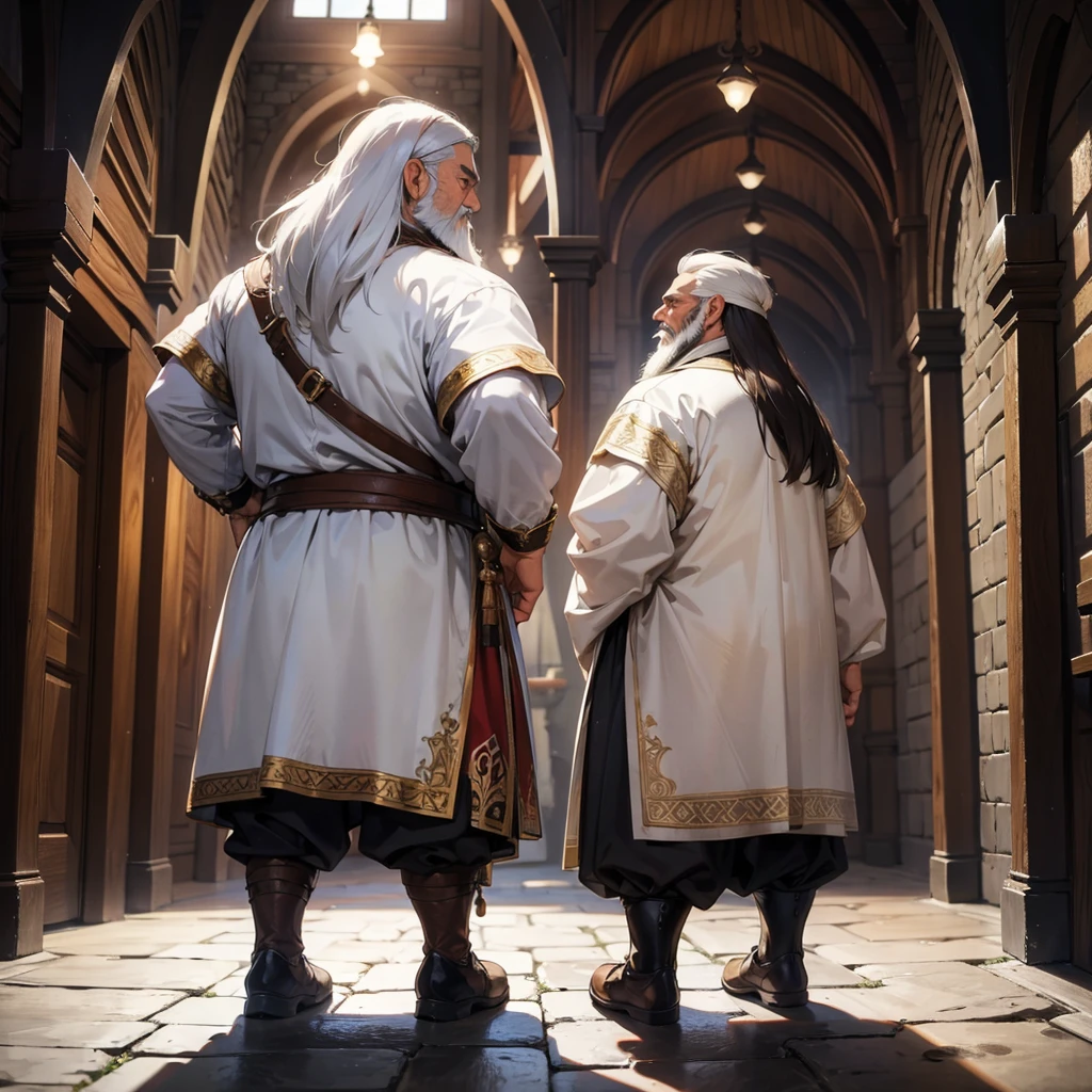 back view old dwarf with white beard in medieval outfit on the hall