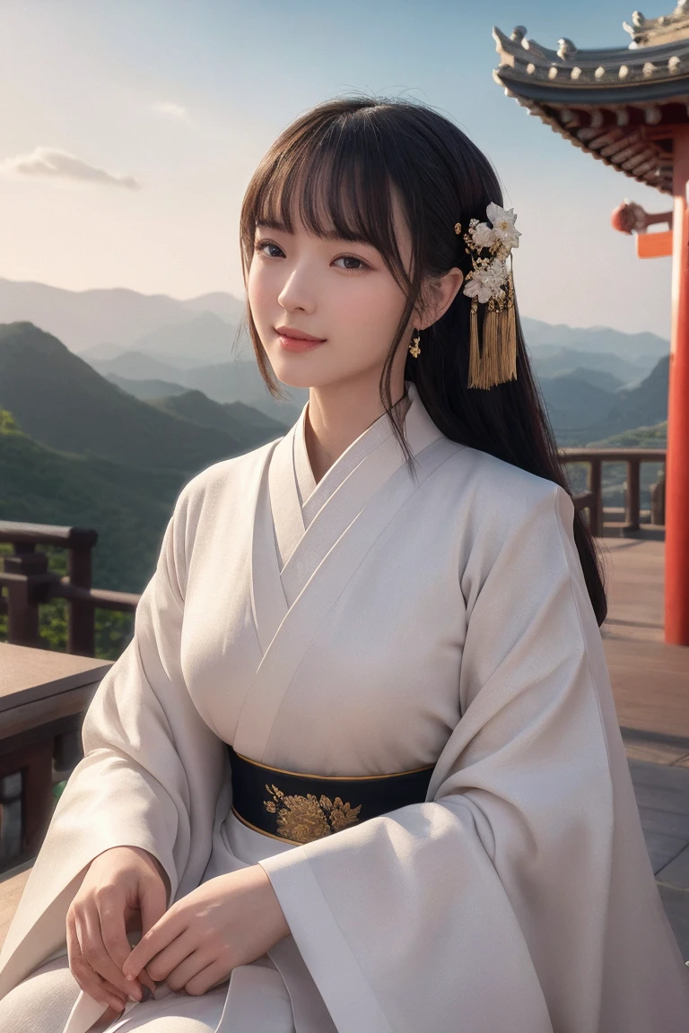 Face close-up, Upper Body Ultra-fine face,Background Temple woman, Chinese style, Ancient Wind,Hanfu, Sitting pose, Long black hair, Delicate clothing patterns, Elegance, Gorgeous, Elegance, smile,Sky Sky, ribbon,Sense of brokenness, It is, Bubble, , Hairline, Diagonal bangs, hair band, hair ornaments,Sparkling, Cinema Lighting, Hyper HD, High resolution, 最high quality, 8k, High detail, high quality, Super Detail, Anatomically correct, masterpiece, Accurate,plump,Landscape painting,screen