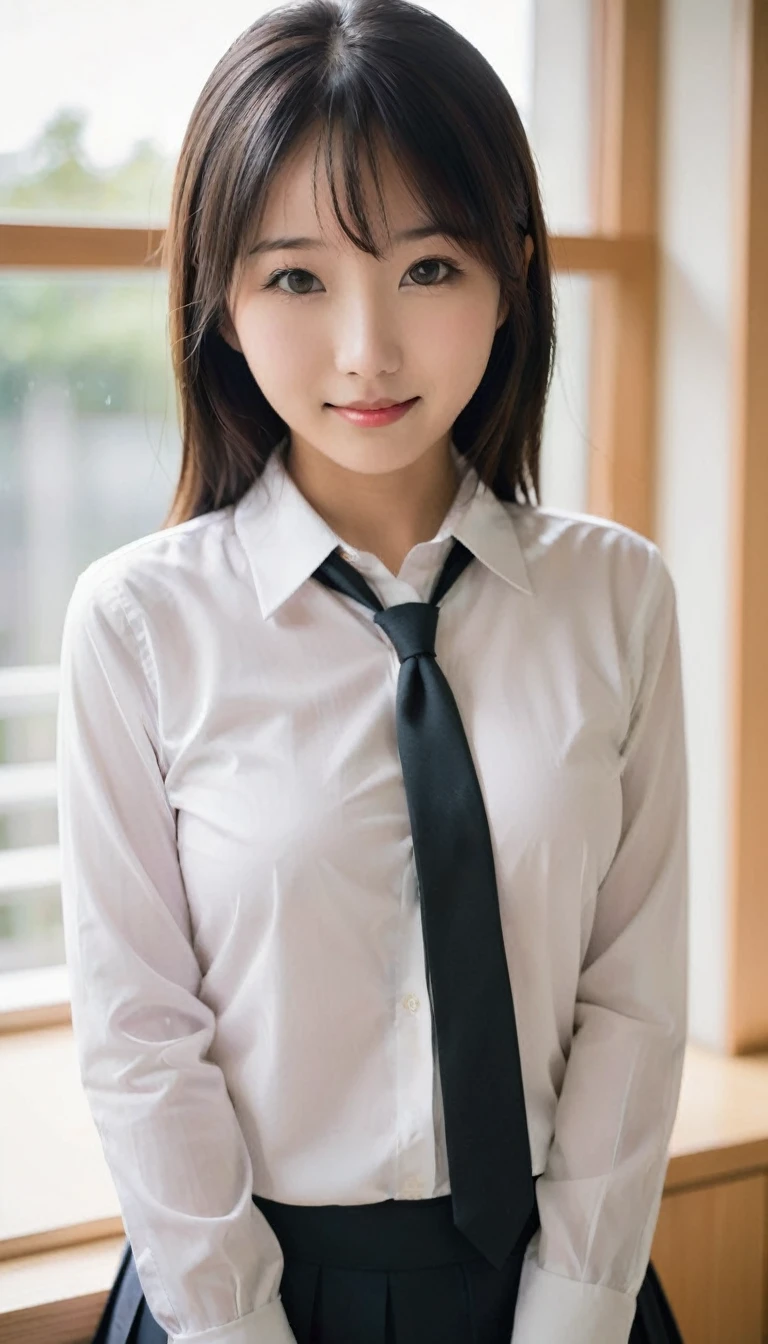 Japanese women, cute, Close, (Natural light:2)
(school uniform,white shirt),black hair,black eyes,
(Thin curtains, classroom:0.5),(big breast,leaning forward,cleavege),pov,looking view,light smile,breast focus