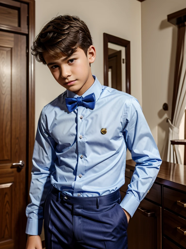 14 year old boy wearing button up and bow tie and dress pants . 4k high quality detailed