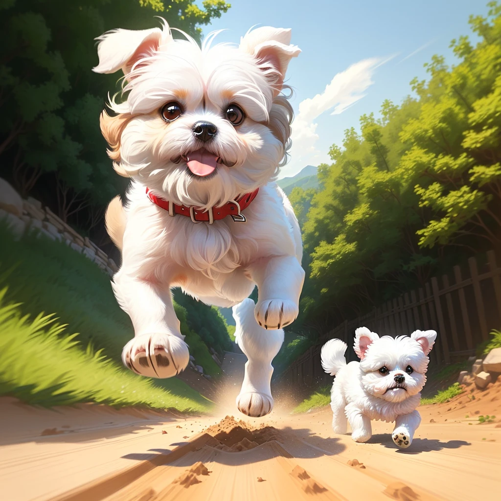 Close up portrait of dog running in forest with sun shining, happy dog, ( Dog ) jumps from mountain, ( Dog ) jumps over hill, Cute dog, high-quality wallpaper, jumping towards viewer, dog jumps over hill, leaping towards viewer, imagem hiperrealista, high-quality wallpaper, Very detailed photos of Happy, Jump for joy, White Jack Russell Terrier