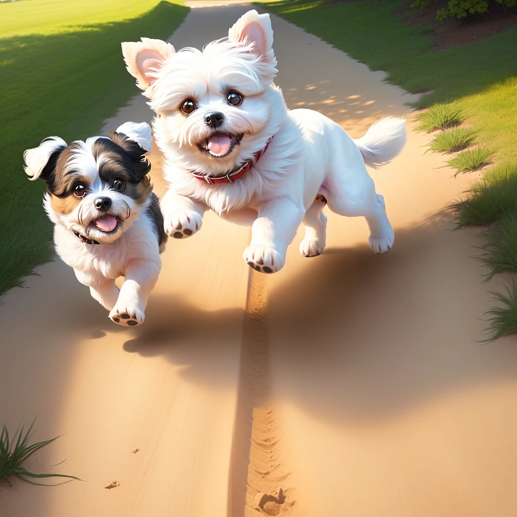 there is a small white dog running with a ball in the dirt, havanese dog, Running towards the camera, Running towards the camera, happy dog, small dog, cute dog, enjoying the wind, Run Free, Shih Tzu, Rushing towards the camera, On a sunny day, dog jumps over hill, ( dog ) jumps over hill, Bright sunny day