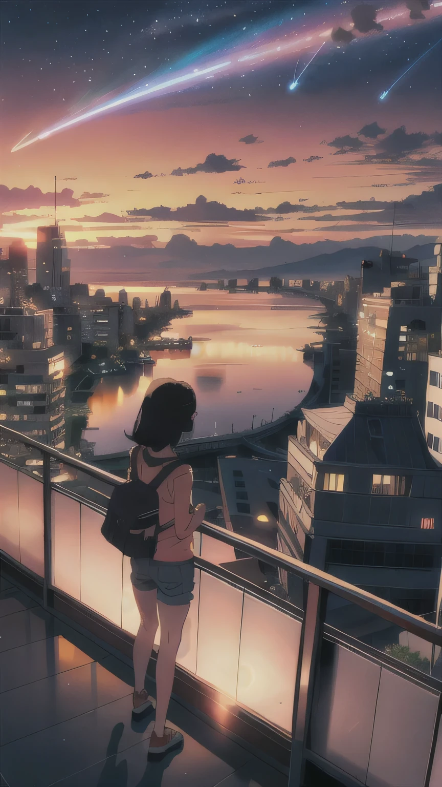 A breathtaking sunset scene features a young girl standing on a high platform, overlooking a vast cityscape. The girl, with short black hair, wears a light blue shirt, brown shorts, and flip-flops, and carries a blue backpack. She stands with her back to the viewer, gazing towards the horizon where the sun is setting, casting a warm golden glow over the entire scene. The sky is adorned with dramatic, fluffy clouds in shades of pink and orange, with a striking comet-like streak of light piercing through, adding a sense of wonder and awe. The city below is bathed in the soft light of the setting sun, with tall buildings and streets stretching out into the distance. The overall mood of the scene is one of tranquility and reflection, capturing a moment of serene beauty and vast possibilities