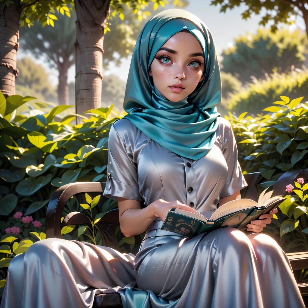 3DMM, ((Masterpiece, best quality, photography, detailed skin, realistic, photo-realistic, 8k, highly detailed, full length frame, High detail RAW color art, diffused soft lighting, shallow depth of field, sharp focus, hyperrealism, cinematic lighting, hijab, a woman in a beautifully makeup, smokey eyeshadow, beautiful big eyes, long eye lashes, wearing (Aqua satin hijab), loosely tide hijab style, ((gray satin shirt)), satin long maxi skirt, reading, sitting under tree, garden
