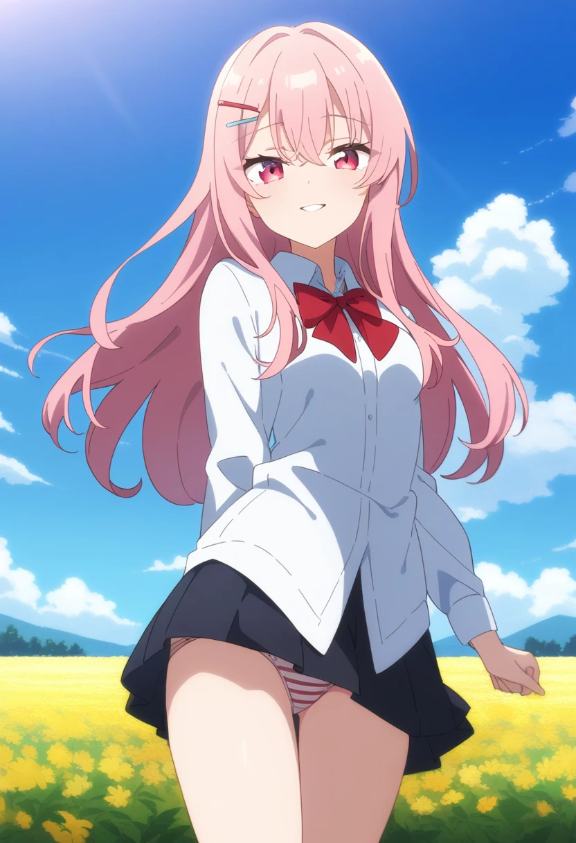 1girl, solo, anime coloring,
long hair, pink hair, red eyes, seductive smile, small breasts, white shirt, red bowtie, hairclip,
field, blue sky,
masterpiece, best quality, very aesthetic, absurdres,Skirt fully visible、Stripes々Panties、Panties in full view