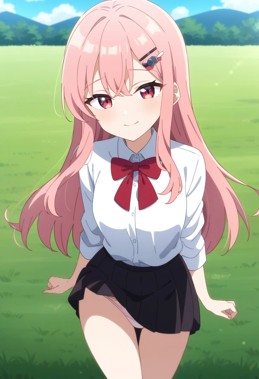 1girl, solo, anime coloring,
long hair, pink hair, red eyes, seductive smile, small breasts, white shirt, red bowtie, hairclip,
field, blue sky,
masterpiece, best quality, very aesthetic, absurdres,Skirt fully visible、Stripes々Panties、Panties in full view