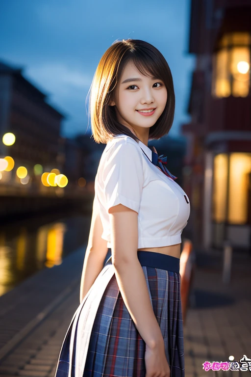 (((full bodyesbian)))、((Girls' High School Uniforms))、((１a person))、short ponytail hair、short bob hair、Close to the subject、((Han River))、(((smile)))、(((Girls' High School)))、((a beauty girl))、((sexy  pose))、Photorealsitic、Beautiful detailed eyes、Hyper-Realism、high contrast、Ultra HD、realistic skin textures、Top image quality、top-quality、超A high resolution、Fine details、Very meticulously、well-endowed round bosom, head to waist, bokeh nightsky background 