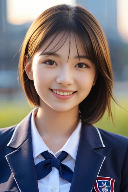 (((full bodyesbian)))、((Girls' High School Uniforms))、((1a person))、short ponytail hair、short bob hair、Close to the subject、((Han River))、(((smile)))、(((Girls' High School)))、((a beauty girl))、((sexy pose))、Photorealsitic、Beautiful detailed eyes、Hyper-Realism、high contrast、Ultra HD、realistic skin textures、Top image quality、top-quality、超A high resolution、Fine details、Very meticulously、well-endowed round bosom, head to waist, bokeh nightsky background