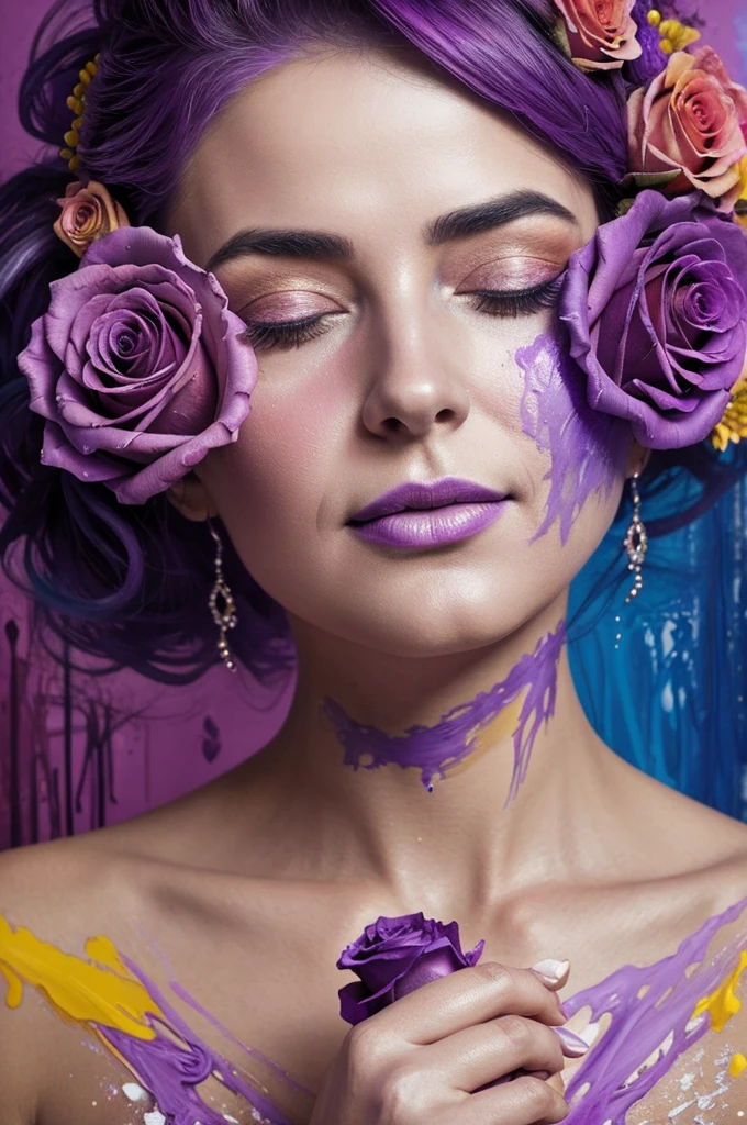 Beautiful old girl with a bouquet of purple roses in her hands.! The magic of creating masterpieces of portrait art ! All paint colors, poured onto canvas, magically move and mix., turning into a stunningly beautiful portrait ! thick . bright and contrasting colors are simply amazing . our imagination is the creation of a masterpiece in the style of Alberto Seveso !