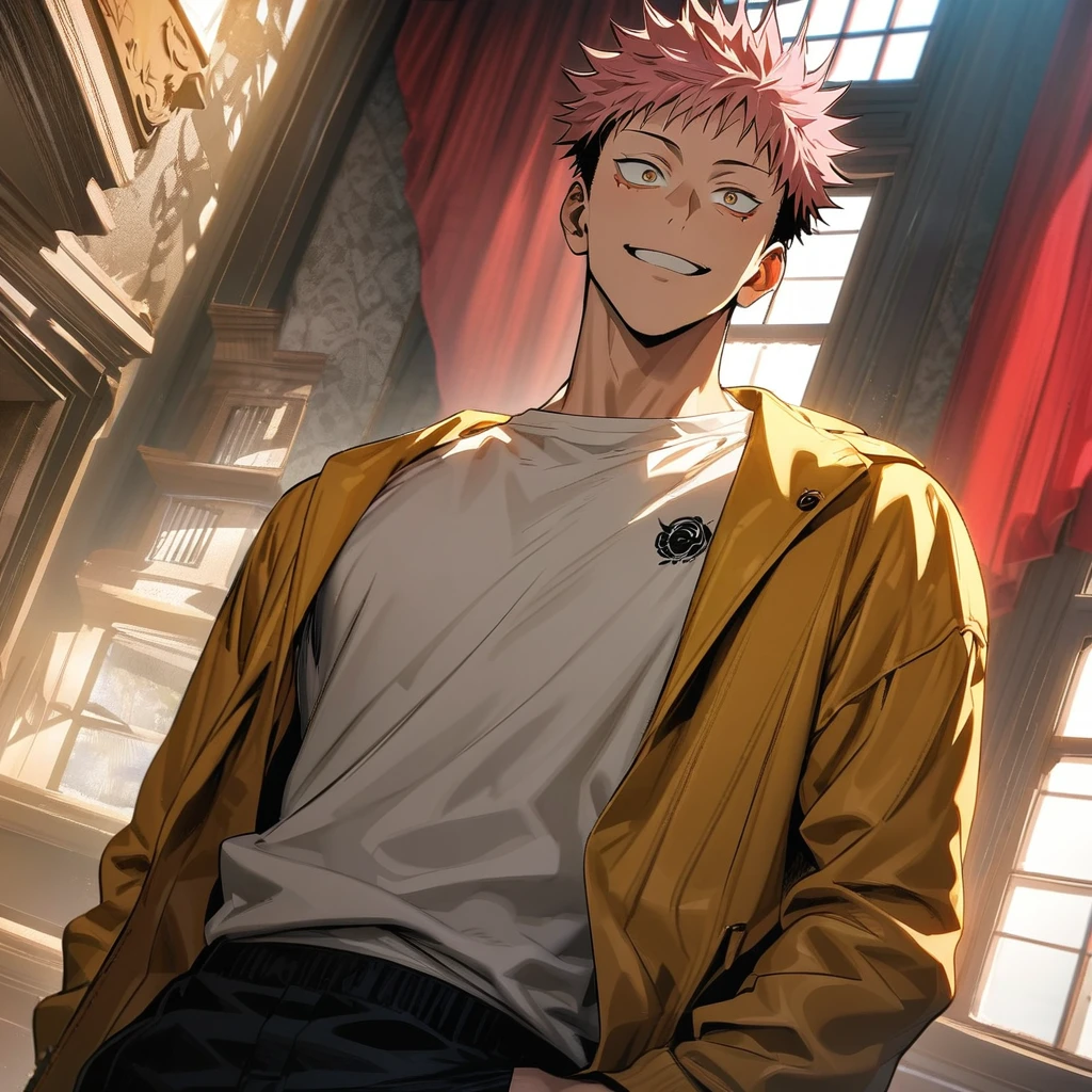 Ultra detailed, Highres, absurdres, HDR, Itadori Yuji, pink hair, brown eyes, yellow jacket, white t-shirt, Jujutsu Kaisen, smiling, handsome, mansion, 1 man only, window, red curtains,