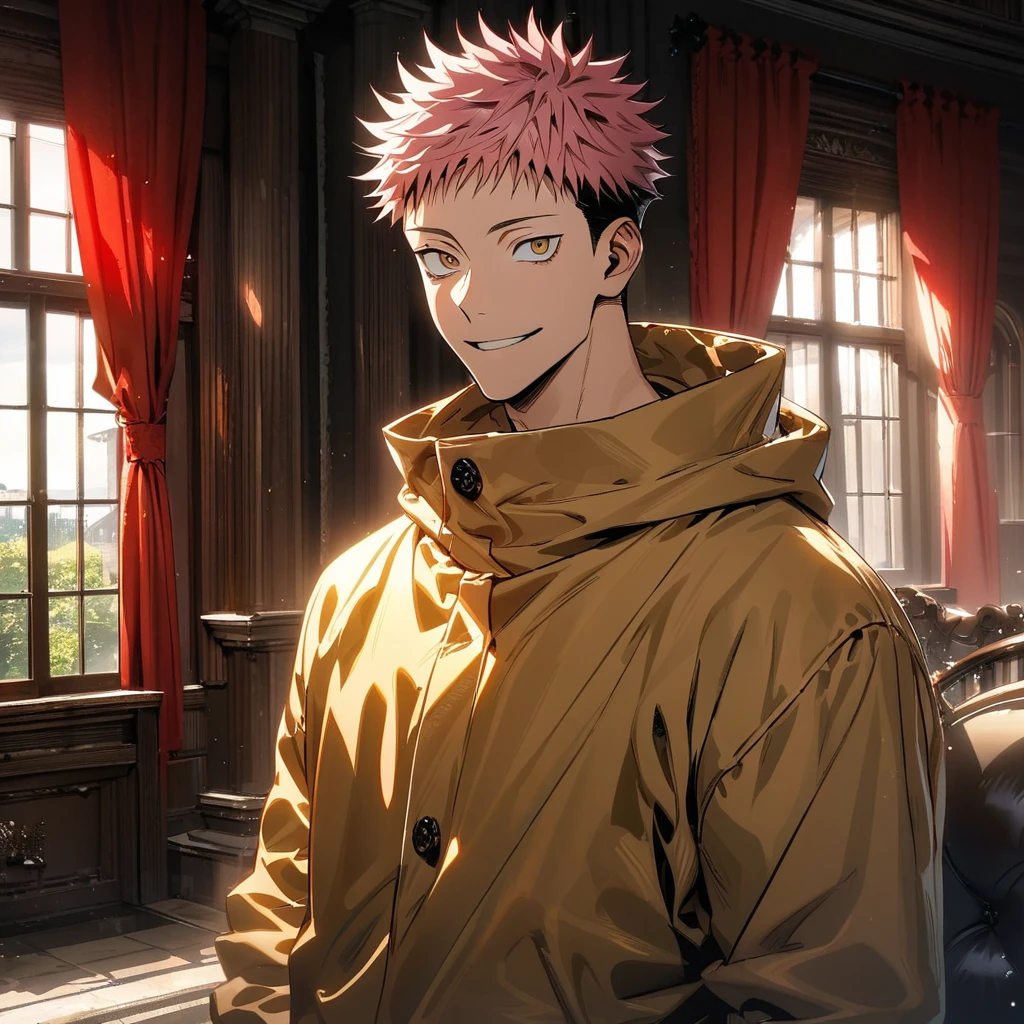 Ultra detailed, Highres, absurdres, HDR, Itadori Yuji, pink hair, brown eyes, yellow jacket, white t-shirt, Jujutsu Kaisen, smiling, handsome, mansion, 1 man only, window, red curtains,