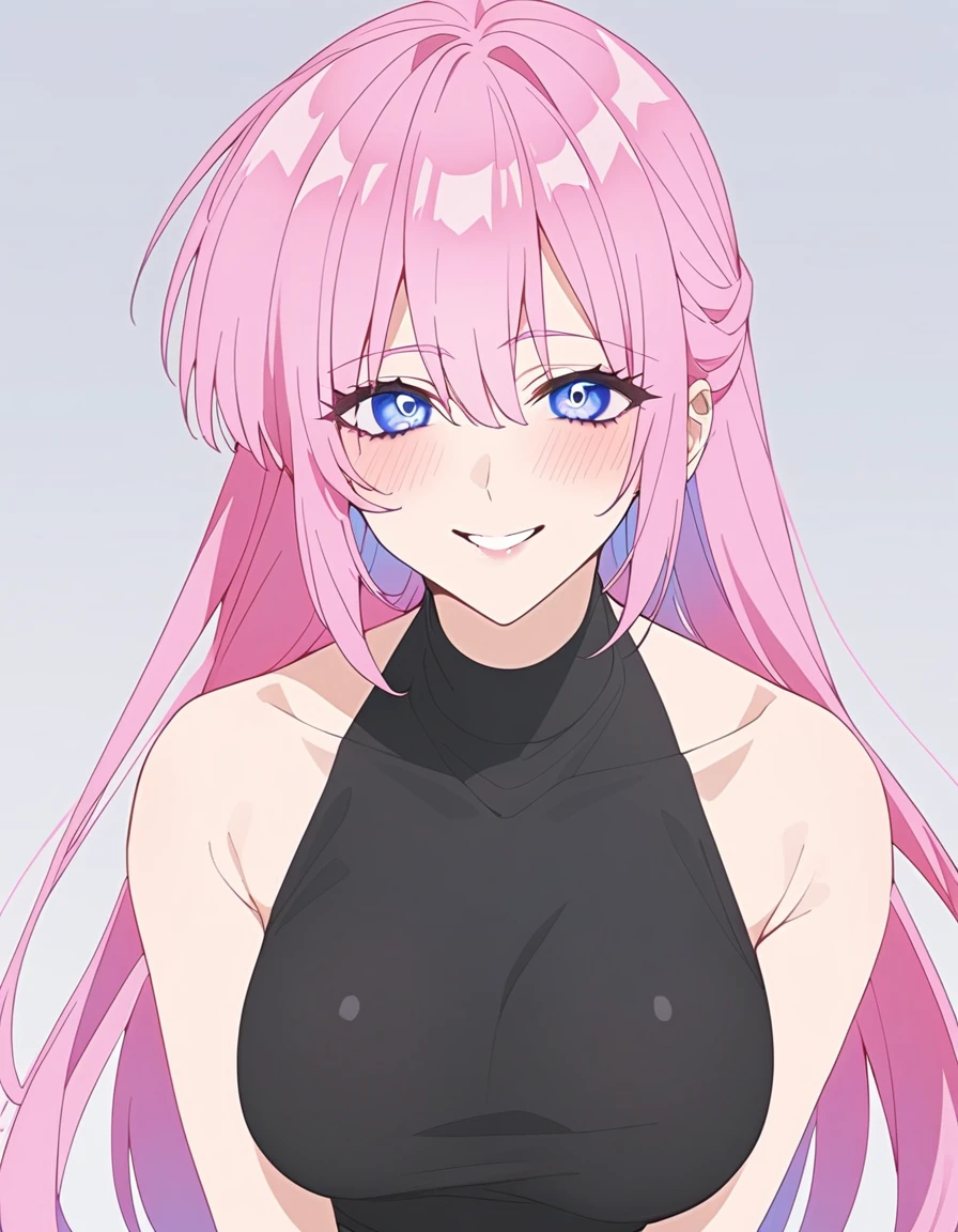 (shoujo-style:1.3), 1girl, shikimorisan, pink hair, long hair, blue eyes, hair between eyes, bangs, blush, makeup, smile, breasts, black sweater, bare shoulders, sleeveless, skirt, looking at viewer, masterpiece, best quality   