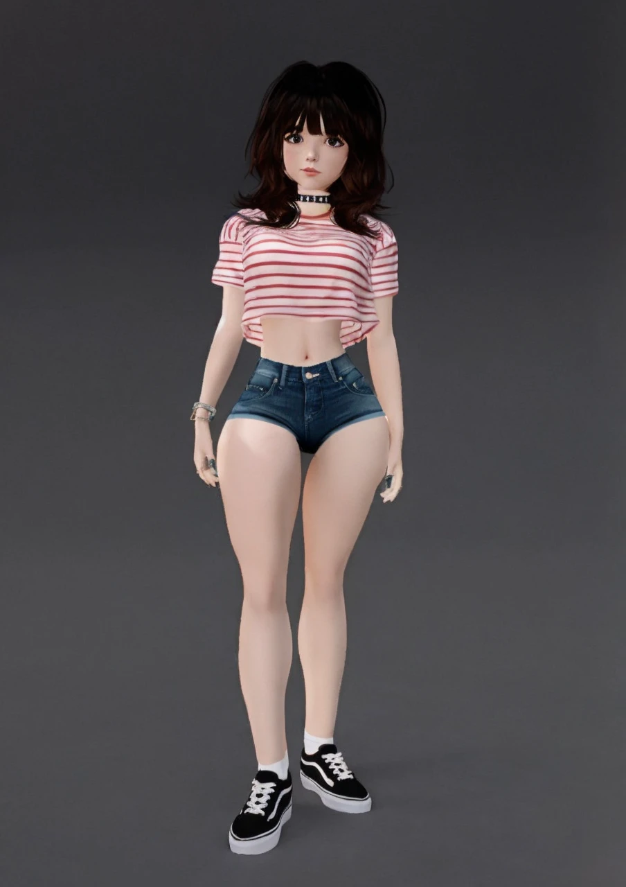 girl y realistic, fringe hair realistic, face sweet realistic wearing realistic t-shirt, realistic shorts denim, realistic ankle white socks, realistic vans shoes uses choker and bracelets realistic details.