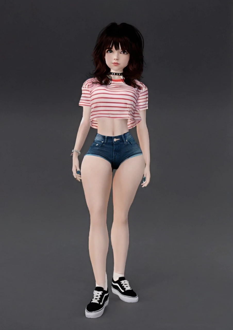 girl sexy realistic, fringe hair realistic, face sweet realistic wearing realistic t-shirt, realistic shorts denim, realistic ankle white socks, realistic vans shoes uses choker and bracelets realistic details.