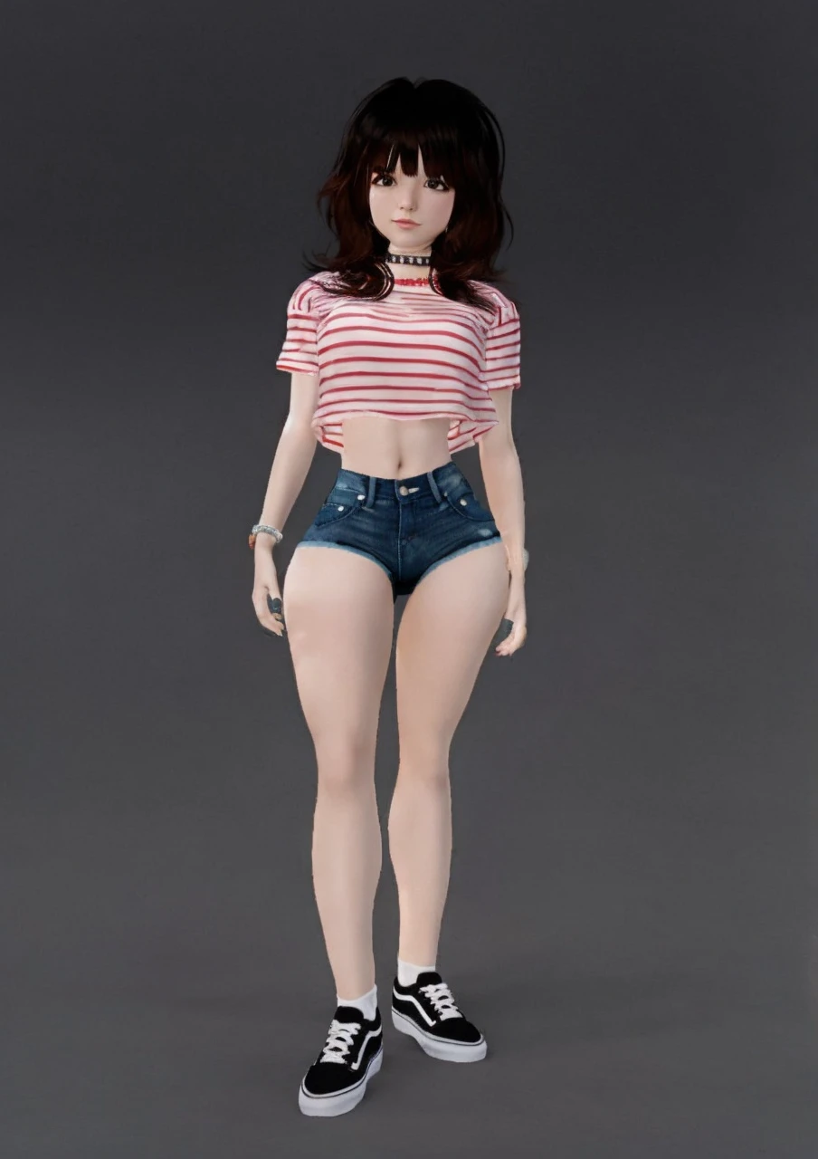 girl sexy realistic, fringe hair realistic, face sweet realistic wearing realistic t-shirt, realistic shorts denim, realistic ankle white socks, realistic vans shoes uses choker and bracelets realistic details.