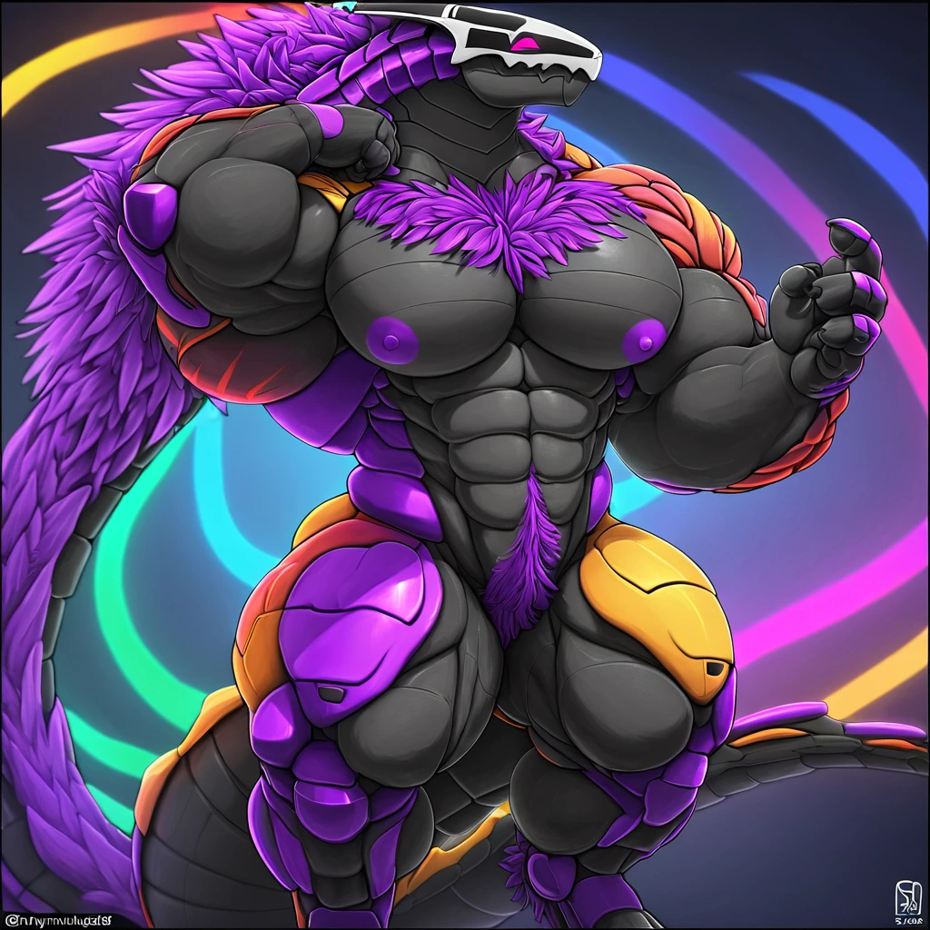 synth head, synth (species), synth_(vader-san), cyber synth anthro, bara, muscular, barazoku, bara body type, huge pecs, detailed muscles, very muscular, huge arms, defined muscles, thick thighs, accurate anatomy, white black and purple color scheme, color harmony, color theory, glowing details, high resolution, clear focus, high detail, complex details, clear focus, super detailed, 8K, colorful, vivid color, digital art, artificial, robotic, flat colors, refsheet, unique character, unique character concept, strong jaw, thick thighs, giant biceps, huge hairy pecs, muscular, big tail,full body, detailed hands, detailed eyes, detailed face, detailed arms,anthro, muscular, abs, (detailed:1.5), male, 8k hd, bymymu666