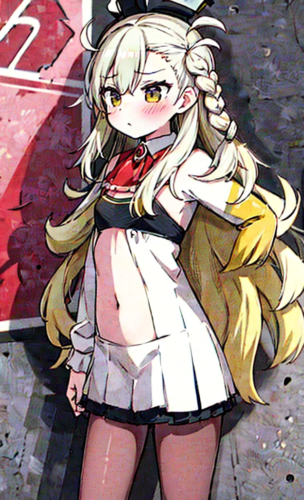 masterpiece, best quality, 1girl, solo, Loli, bangs, long hair, blonde hair, blue eyes, smug, smile, small breasts, white blouse, red bow, black skirt thigh-highs, , looking dawn at viewer, panty shot, cowboyshot