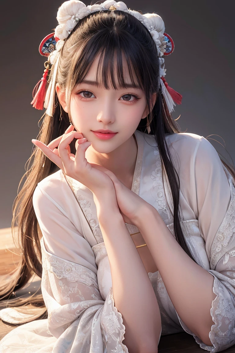 Frontal close-up of face,Upper body Ultra-fine face,woman, Chinese style, Ancient Wind,Hanfu, Sitting pose, Long white hair, Delicate clothing patterns, Elegance, Gorgeous, Elegance, smile,Sky Sky, ribbon,Sense of brokenness, It is, Bubble, Double up braid, Hairline, Diagonal bangs, hair band, hair ornaments,Sparkling, Cinema Lighting, Hyper HD, High resolution, 最high quality, 8k, High detail, high quality, Super Detail, Anatomically correct, masterpiece, Accurate,plump,Landscape painting,screen