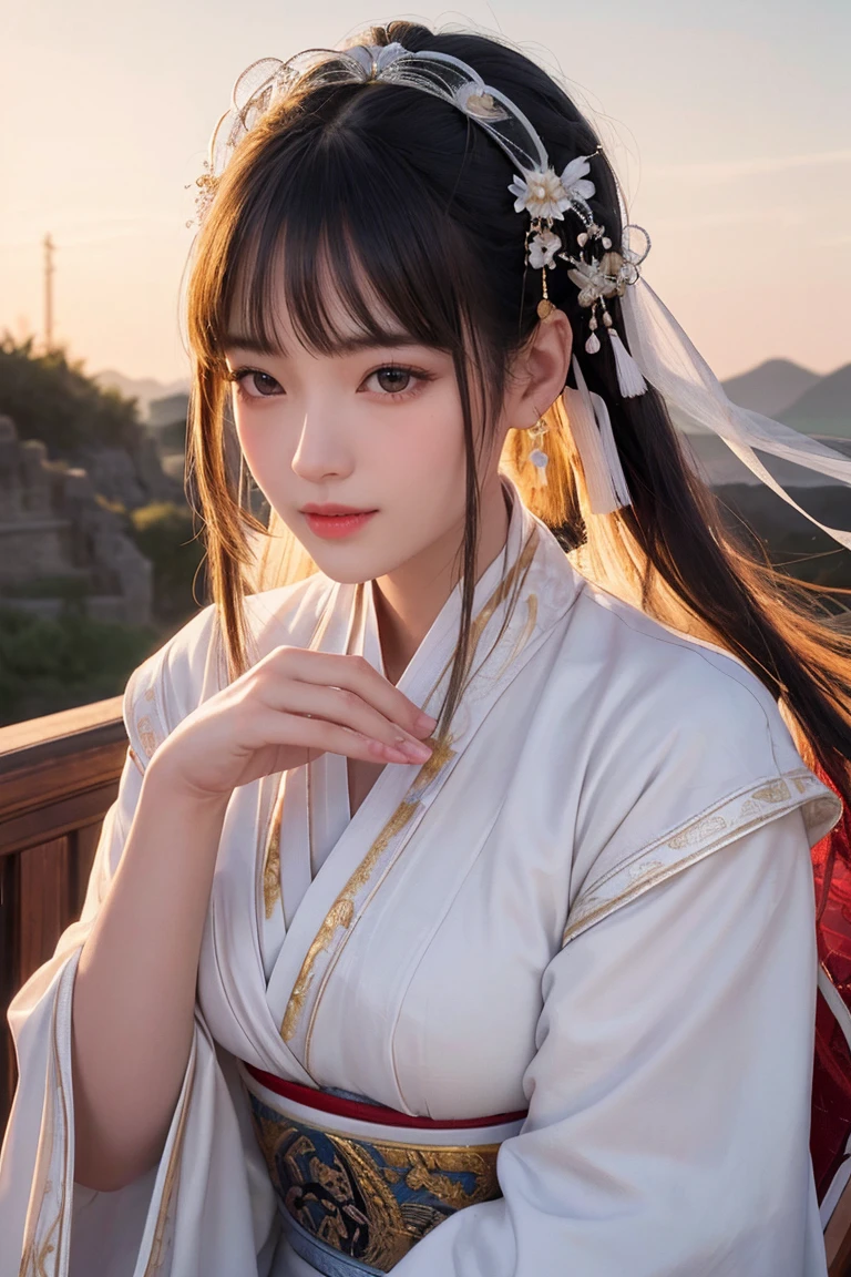 Frontal close-up of face，Upper body Ultra-fine face，woman， Chinese style， Ancient Wind，Hanfu， Sitting pose， Long white hair， Delicate clothing patterns， Elegance， Gorgeous， Elegance， smile，Sky Sky， ribbon，Sense of brokenness， It is， Bubble， Double up braid， Hairline， Diagonal bangs， hair band， hair ornaments，Sparkling， Cinema Lighting，  Hyper HD， High resolution， 最high quality， 8k， High detail， high quality， Super Detail， Anatomically correct， masterpiece， Accurate，plump，Landscape painting，screen