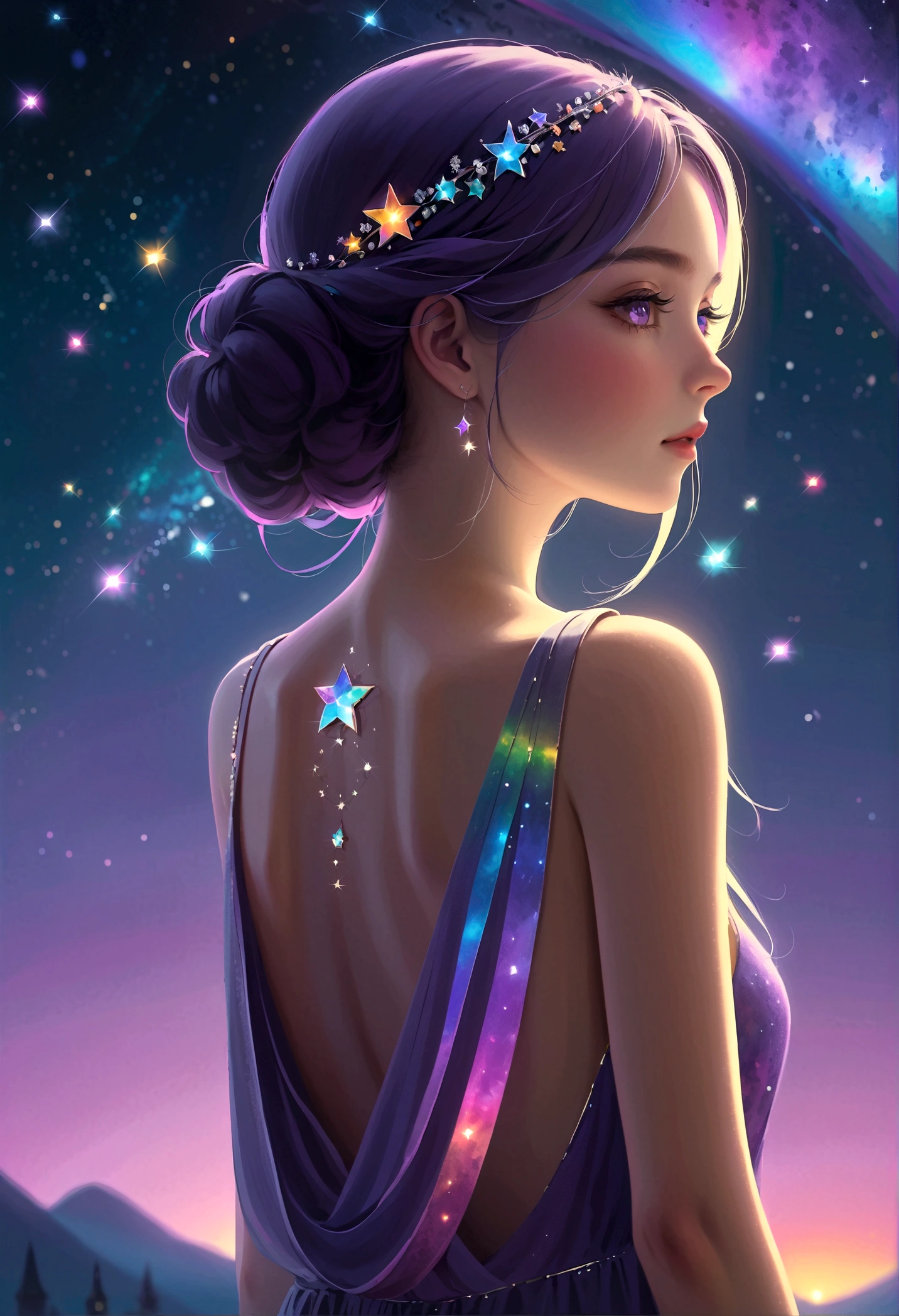masterpiece, Cute girl, Break, Purple evening dress, High detail face, (Back View), whole body, glare, Rainbow Colors, Global Illumination, Soft Light, Light of Dreams, number, 8K Close-up, fantasy, Night Sky, Star, nebula, White crystal, moonlight, peaceful, summer, (8K:1.1)