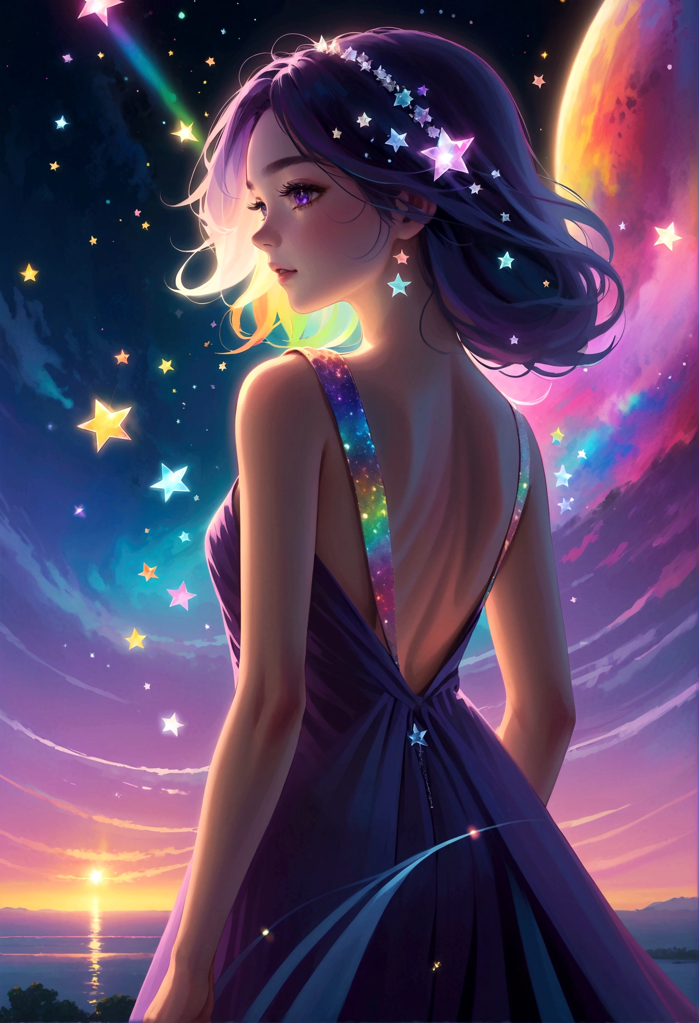 masterpiece, Cute girl, Break, Purple evening dress, High detail face, Back, whole body, glare, Rainbow Colors, Global Illumination, Soft Light, Light of Dreams, number, 8K Close-up, fantasy, Night Sky, Star, nebula, White crystal, moonlight, peaceful, summer, (8K:1.1)