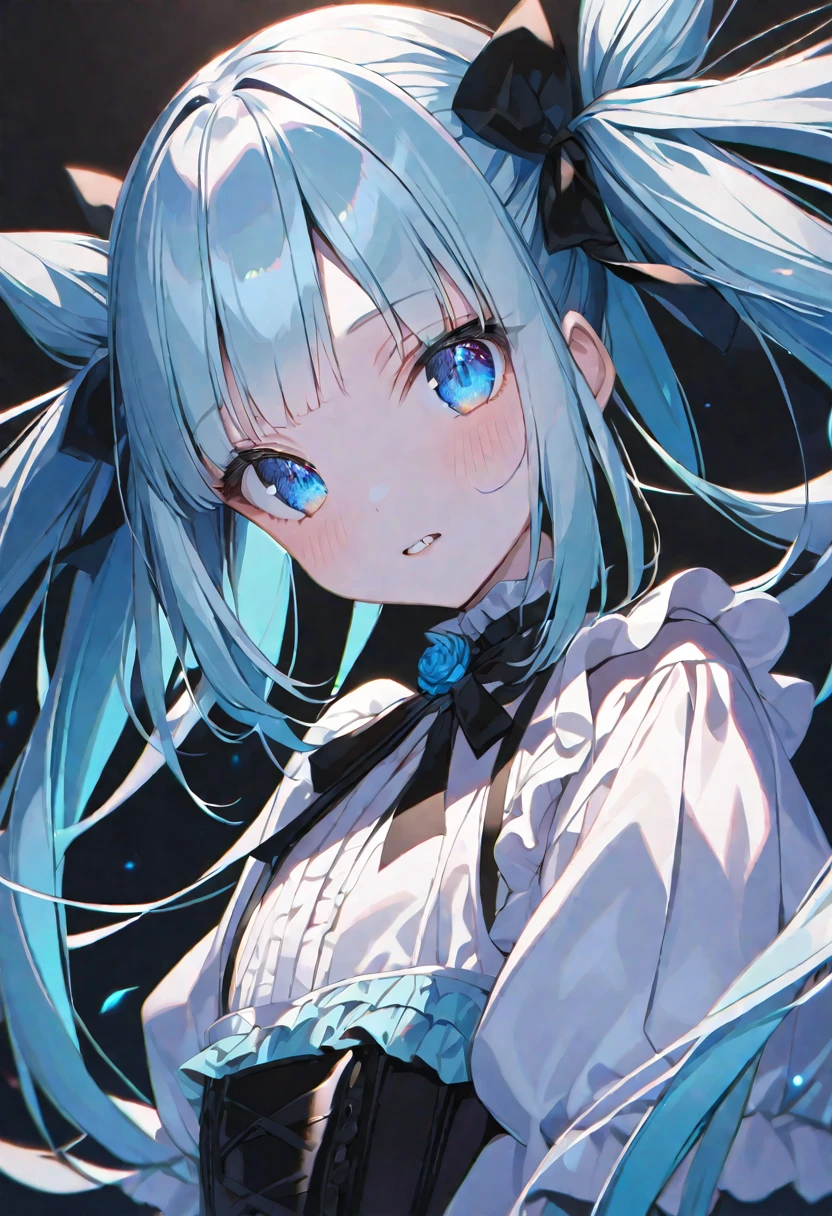 solo, handsome, Glossy feel,
1. Female,
Hime cut,Straight Hair, Twin tails, 
Light blue hair, 
Nakano Yotsuba,
Blue Eyes,Soft look,beautiful,beautiful,Sexy,
Darkness,pig,tooth,Lolita Fashion,
skin,Alluring,
black  background,