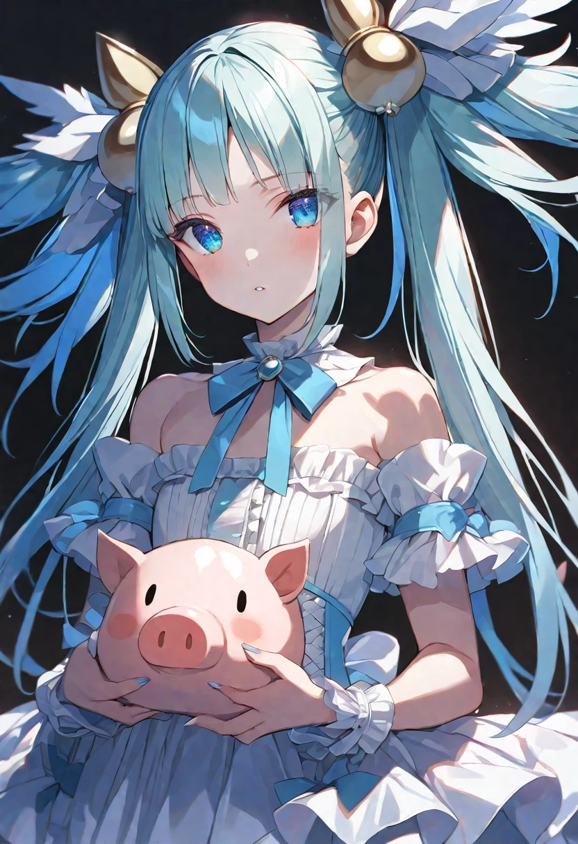 solo, handsome, Glossy feel,
1. Female,
Hime cut,Straight Hair, Twin tails,
Light blue hair,
Nakano Yotsuba,
Blue Eyes,Soft look,beautiful,beautiful,Sexy,
Darkness,pig,tooth,ta Fashion,
skin,Alluring,
black background,
