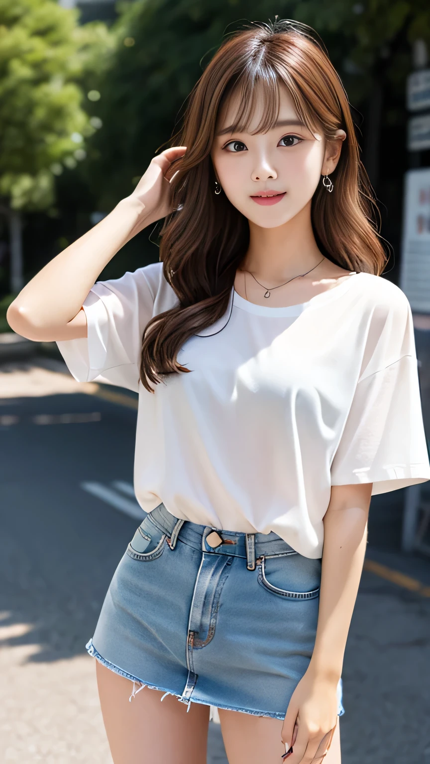 Sunburn marks on tanned skin、blush、Blonde Wavy Hair,A cute 17-year-old girl with a cute look, A strong wind blows my hair in front of my face、Beautiful big sparkling eyes, Cute eyes hidden by long bangs、Yawn、No visible nasolabial folds、A short, light-colored miniskirt、A summer shirt with cute colorful patterns、Korean Beauty