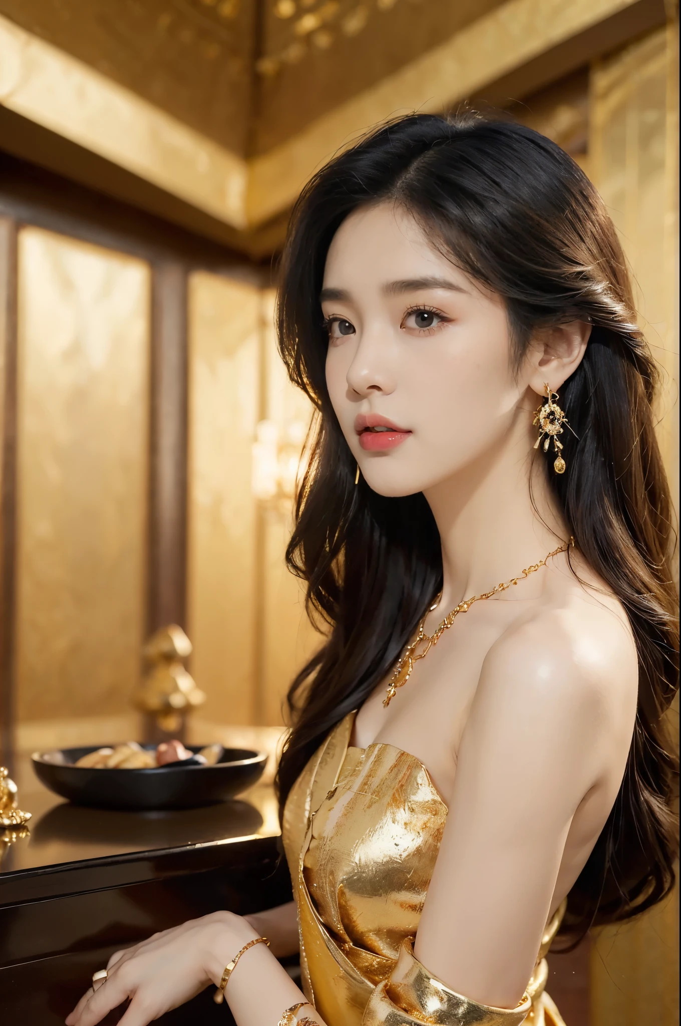 (((best quality))),(((ultra detailed))),(((masterpiece))),illustration,((1 beautiful girl,solo)),(shoulder length straight hair:1.2),((earrings,necklace)),((slim,thin)),((small breasts,flat chest)),(strapless luxurious lace bra:1.3),(sumptuous kitchen:1.3),window,bustling,metropolis,striking,delicate emerald eyes,mystery,allure,red lips,fair,complexion,sophistication,attire,exquisite,frame,plunging,intricate pattern,romance,elegance,walls,expensive,tiles,countertops,gleaming,marble,culinary,gadgets,organized,counter,aromatic,steam,simmering,stove,ambiance,(night scene:1.3),skyline,skyscrapers,distance,aglow,vibrant colors,contrast,serene,atmosphere,opulence,sophistication,light,shadow,vivid,interplay,experience,captivating,ambiance,(((from front,close-up of face)))